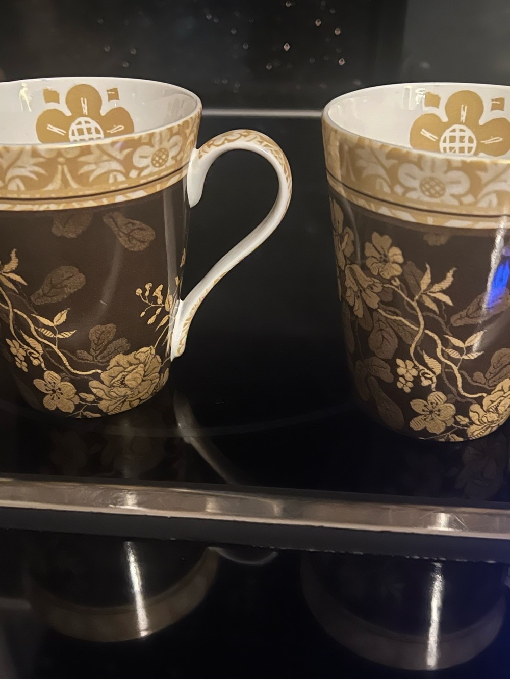 Elegant Gold Floral Porcelain Mugs in Brown - Set of 2